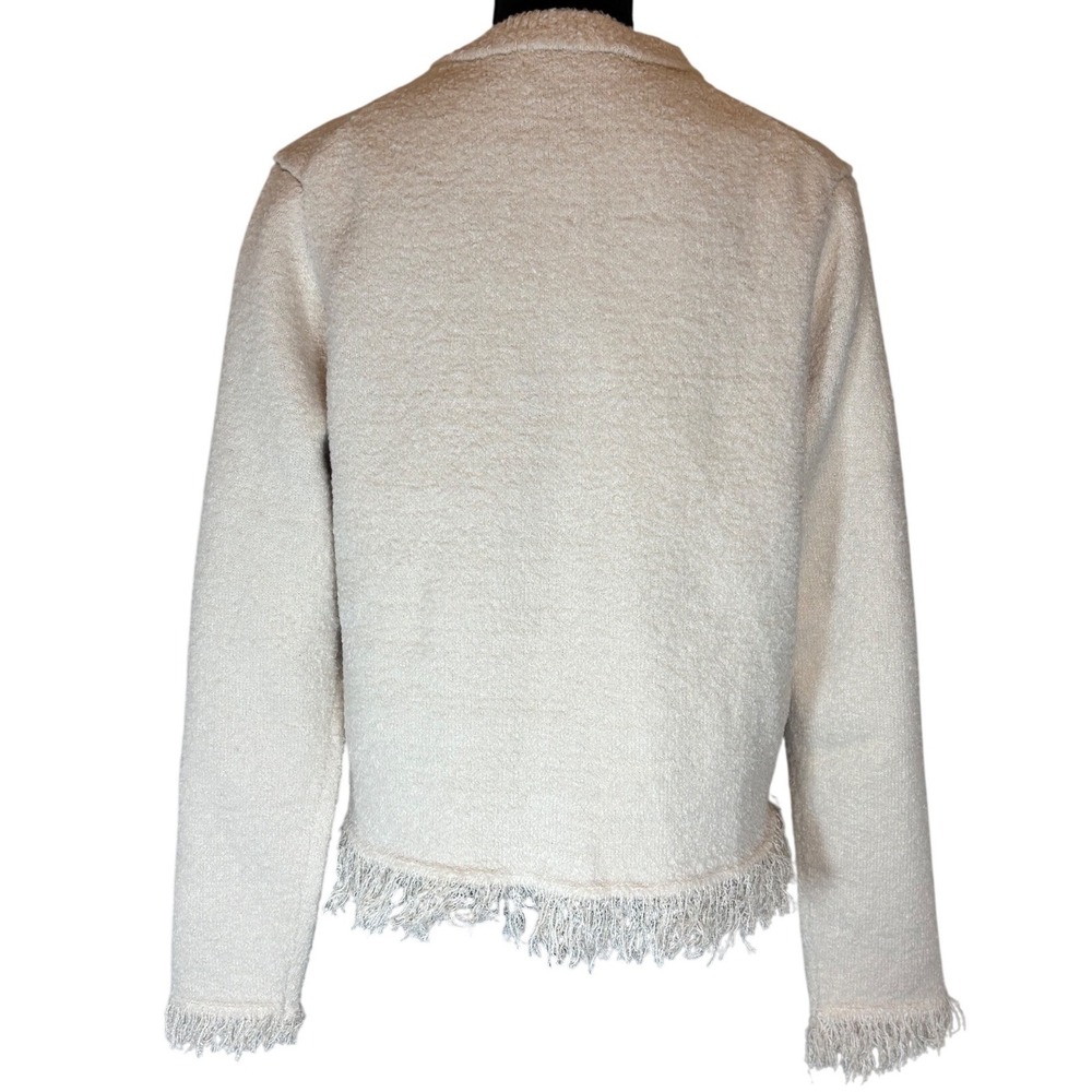 Zara Cardigan Women XL Cream Black Velvet Bows Fringe Trim Textured Knit Jacket - Picture 4 of 7